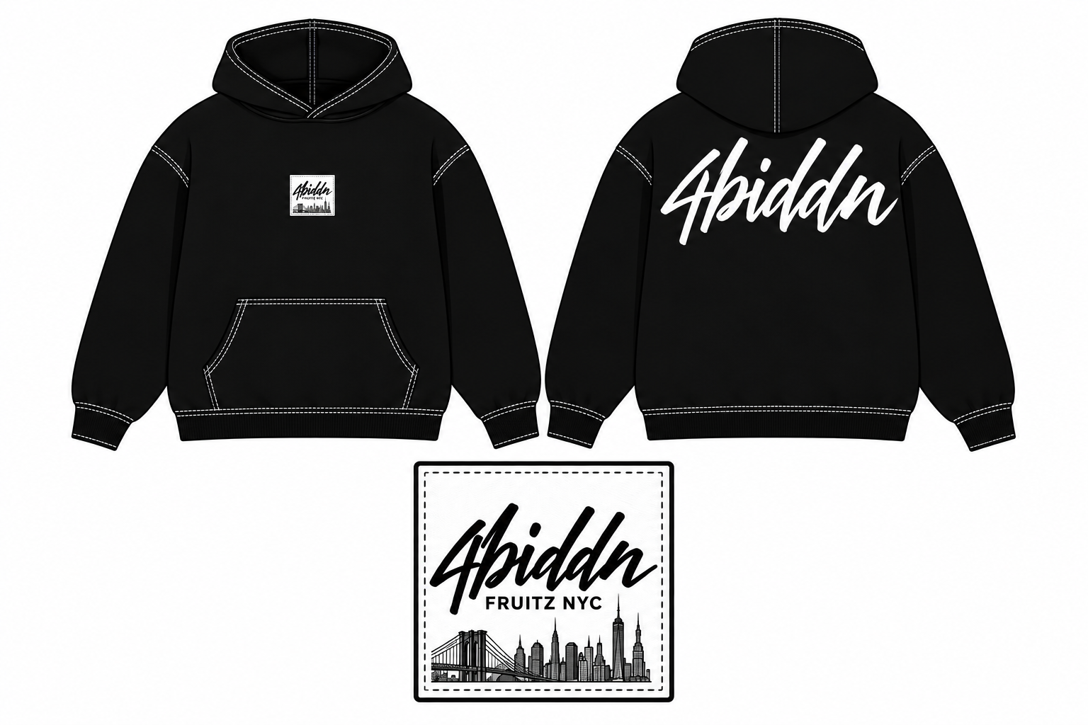 Black hoodie front and back with contrasting stitching and signature chest patch