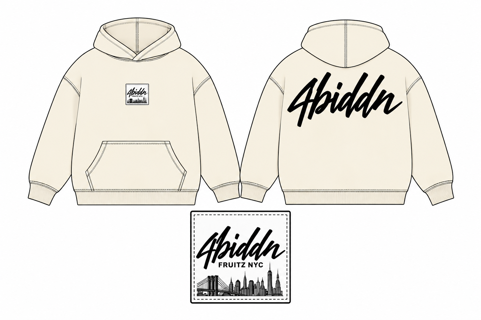 Crème boxy hoodie front and back with black contrast stitching, small chest patch and large back logo